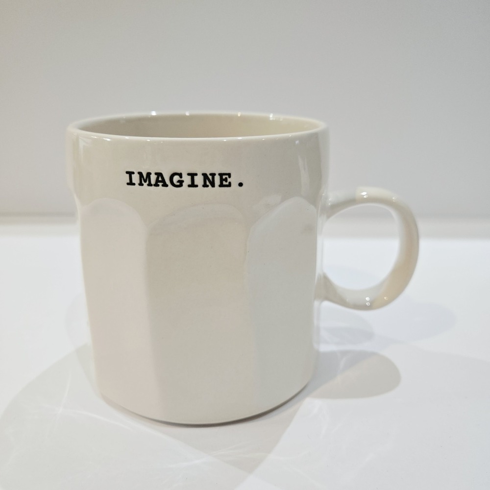 Rae Dunn IMAGINE Large Ivory Coffee Tea Mug Cup Typewriter Font